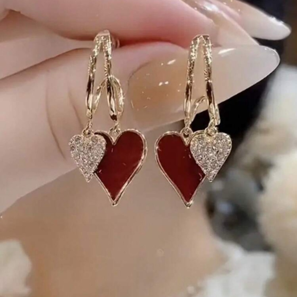 Elegant Gold, Red, & Sequined Heart Earrings